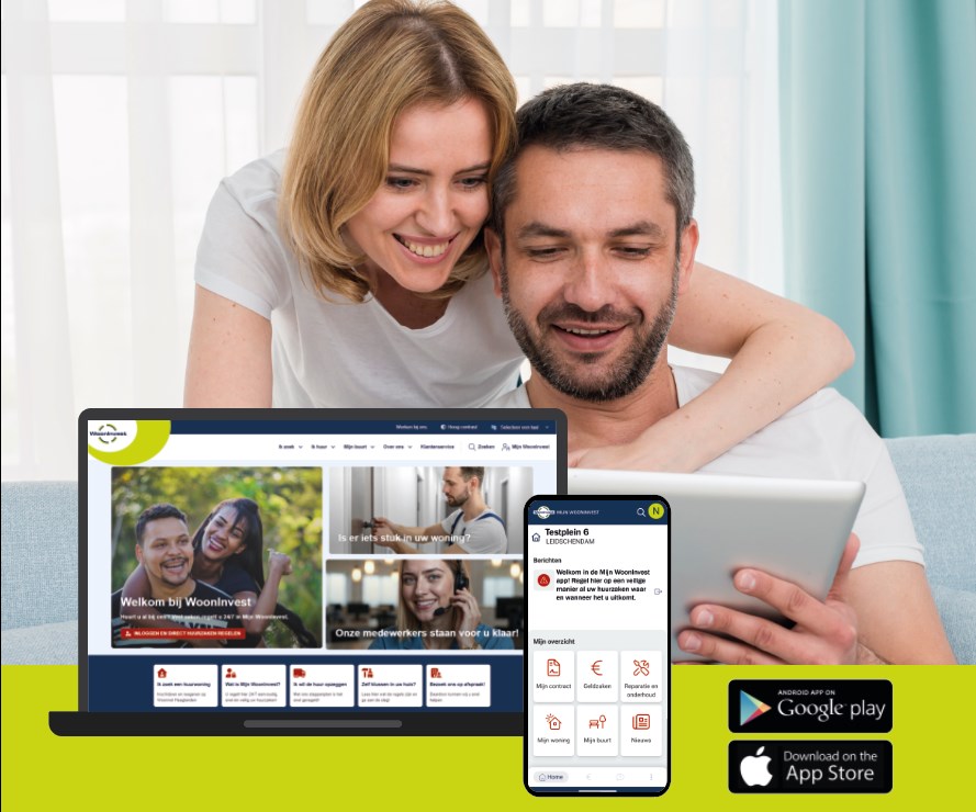 Man en vrouw voor laptop met afbeelding van nieuwe website en app